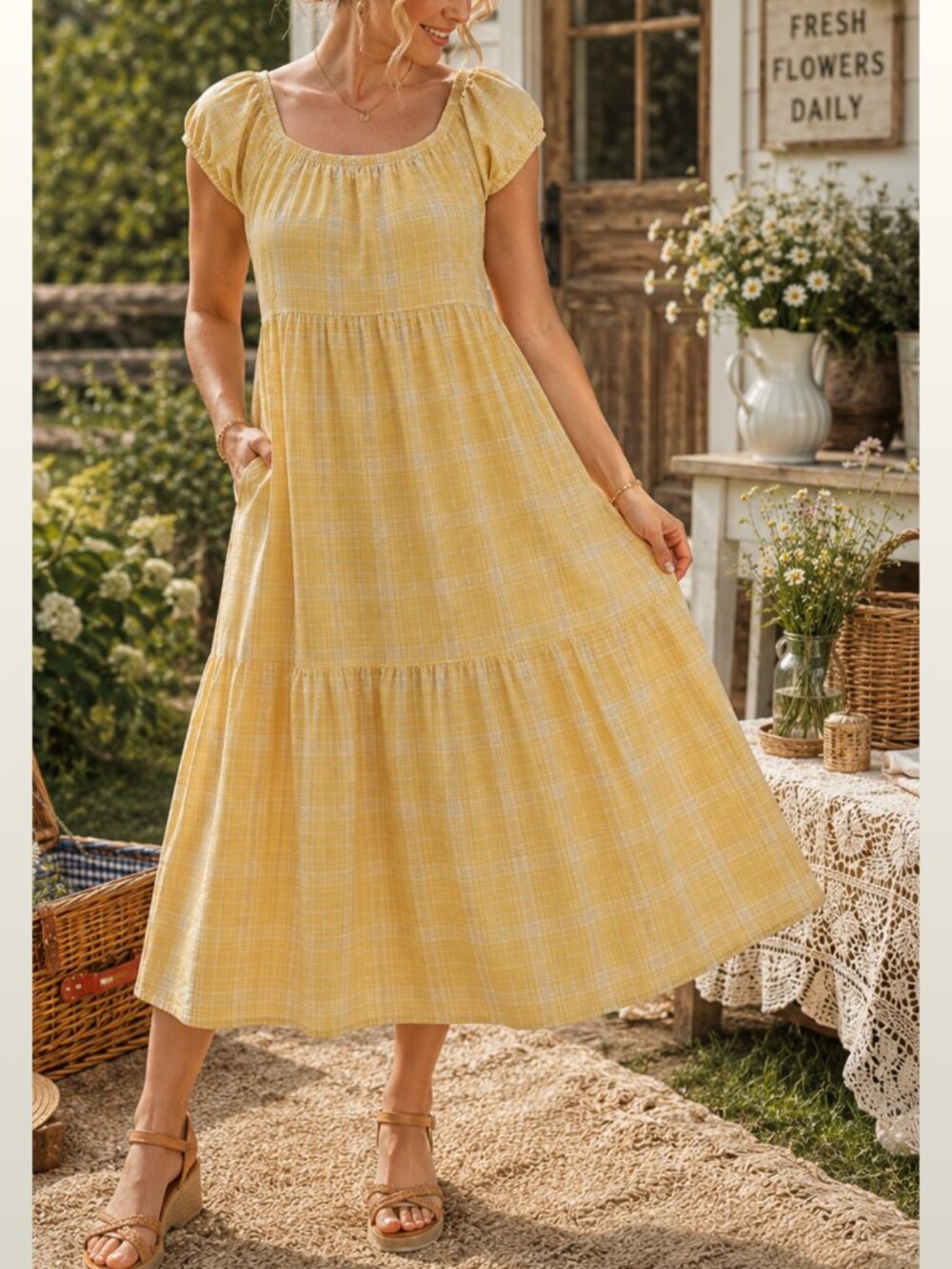 Yellow Plaid Cotton Midi Maxi Dress XL Cottagecore Prairie Farmhouse-Chic Boho